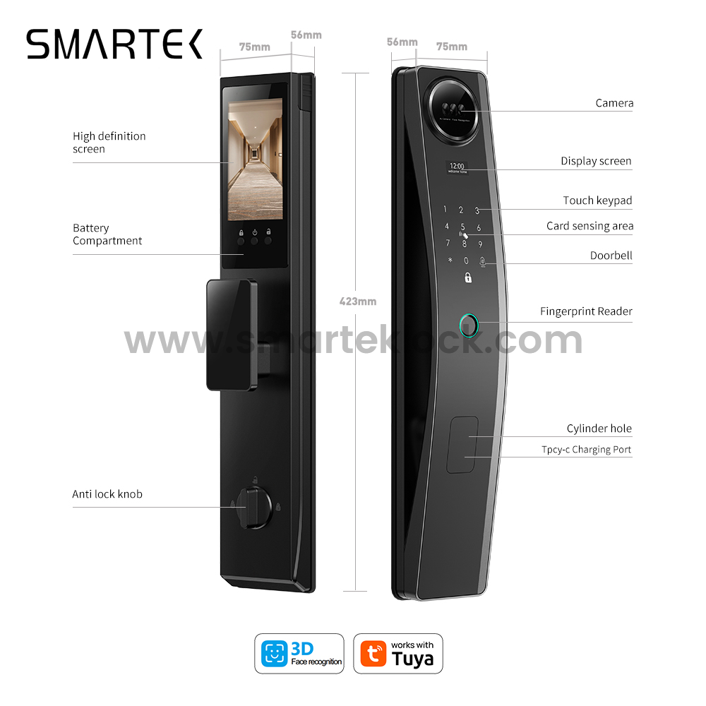 Smartek economic digital automatic door no handle tuya smart camera 3d face recognition smart door lock