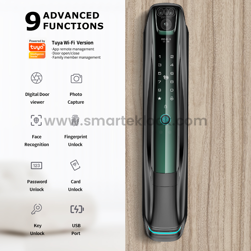 SMARTEK i9 Waterproof Camera Automatic Tuya APP Wi-Fi Record Video 3D Face Recognition Smart Door Lock with Eye Scanner