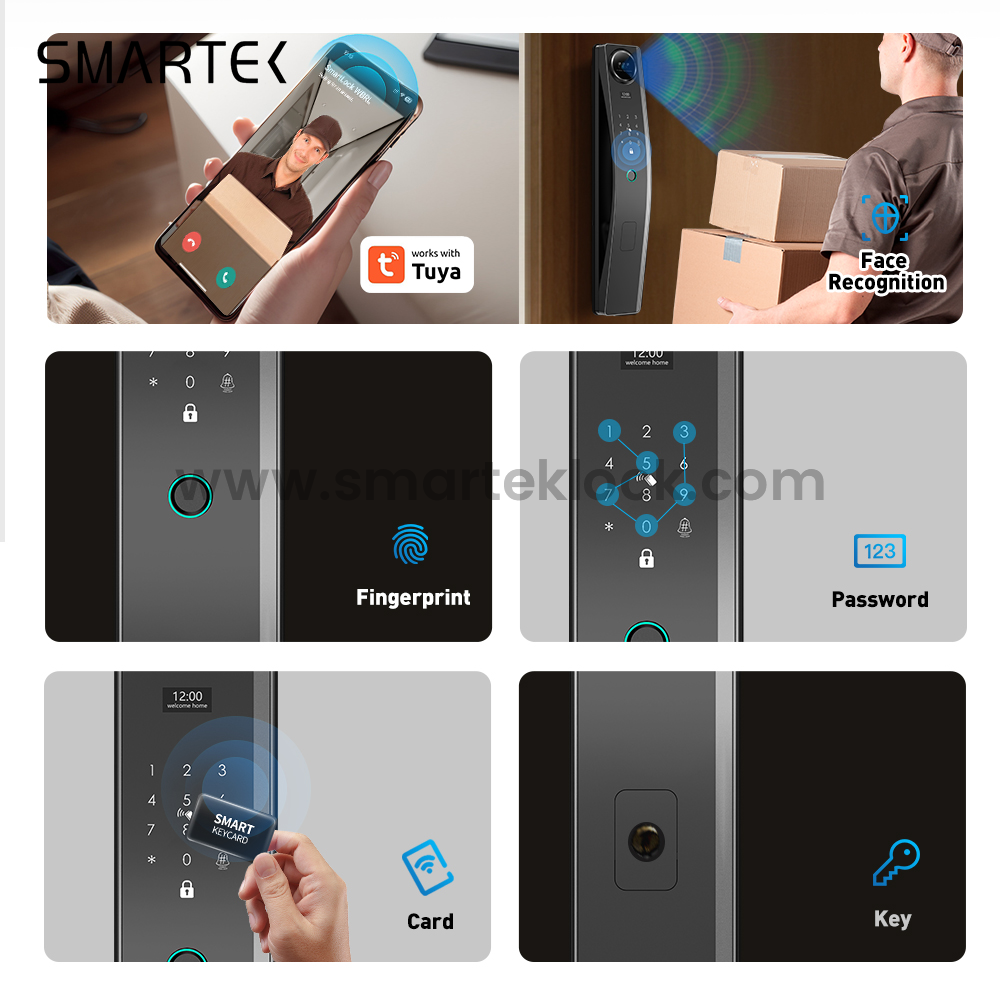 Smartek economic digital automatic door no handle tuya smart camera 3d face recognition smart door lock
