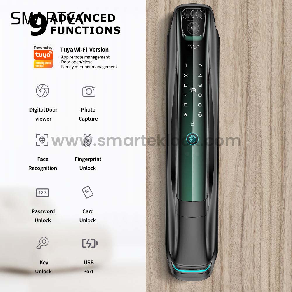 SMARTEK i9 Waterproof Camera Automatic Tuya APP Wi-Fi Record Video 3D Face Recognition Smart Door Lock with Eye Scanner