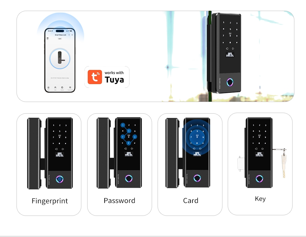 Tuya app controlled smart lock for aluminum glass door