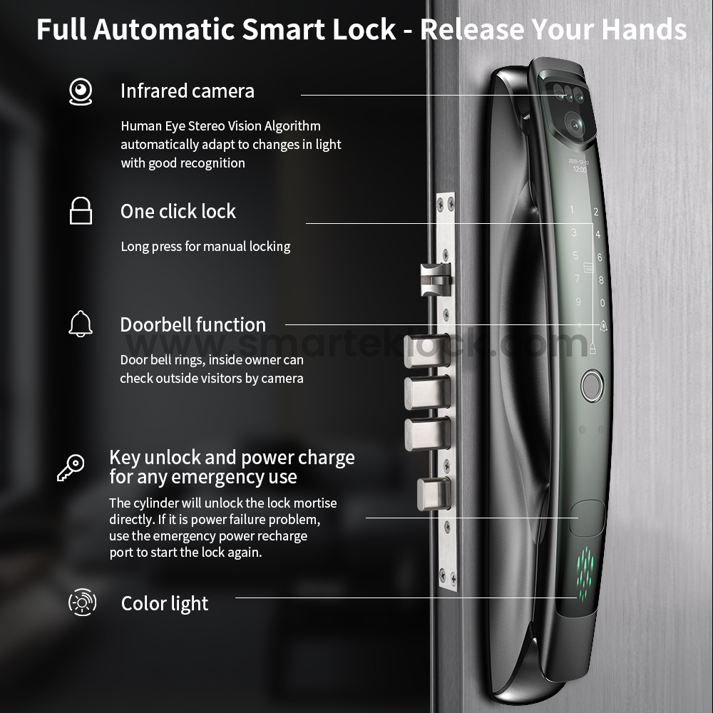 Smart Security Aluminum Alloy Electronic Keyless Waterproof Anti-Theft Digital Rechargeable Door Key Emergency Fingerprint Video
