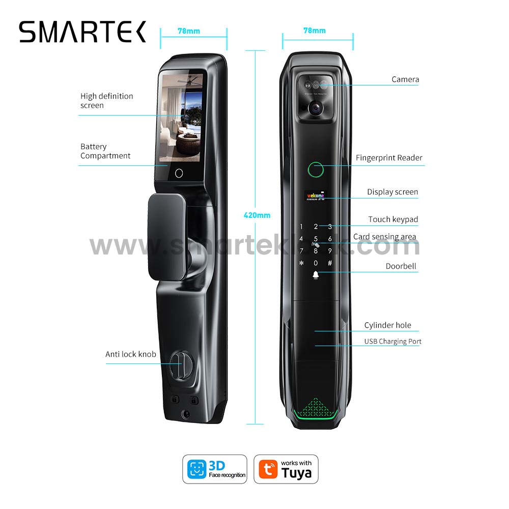 SMARTEK I8 IP54 Camera Full Automatic Tuya APP Wi-Fi WBRL Whole Live Video 3D Face Recognition Smart Door Lock with Eye Scanner